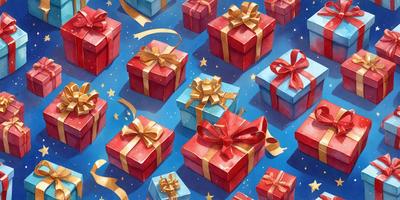 The primary subject of the image is a collection of red and blue wrapped presents. These presents are arranged in various positions, creating a visually appealing and festive scene. The setting is a blue background, which contrasts nicely with the red and blue colors of the presents. The visual style of the image is a combination of digital art and illustration, giving it a vibrant and lively appearance. The colors and mood of the image are predominantly red and blue, which are associated with joy, celebration, and hol